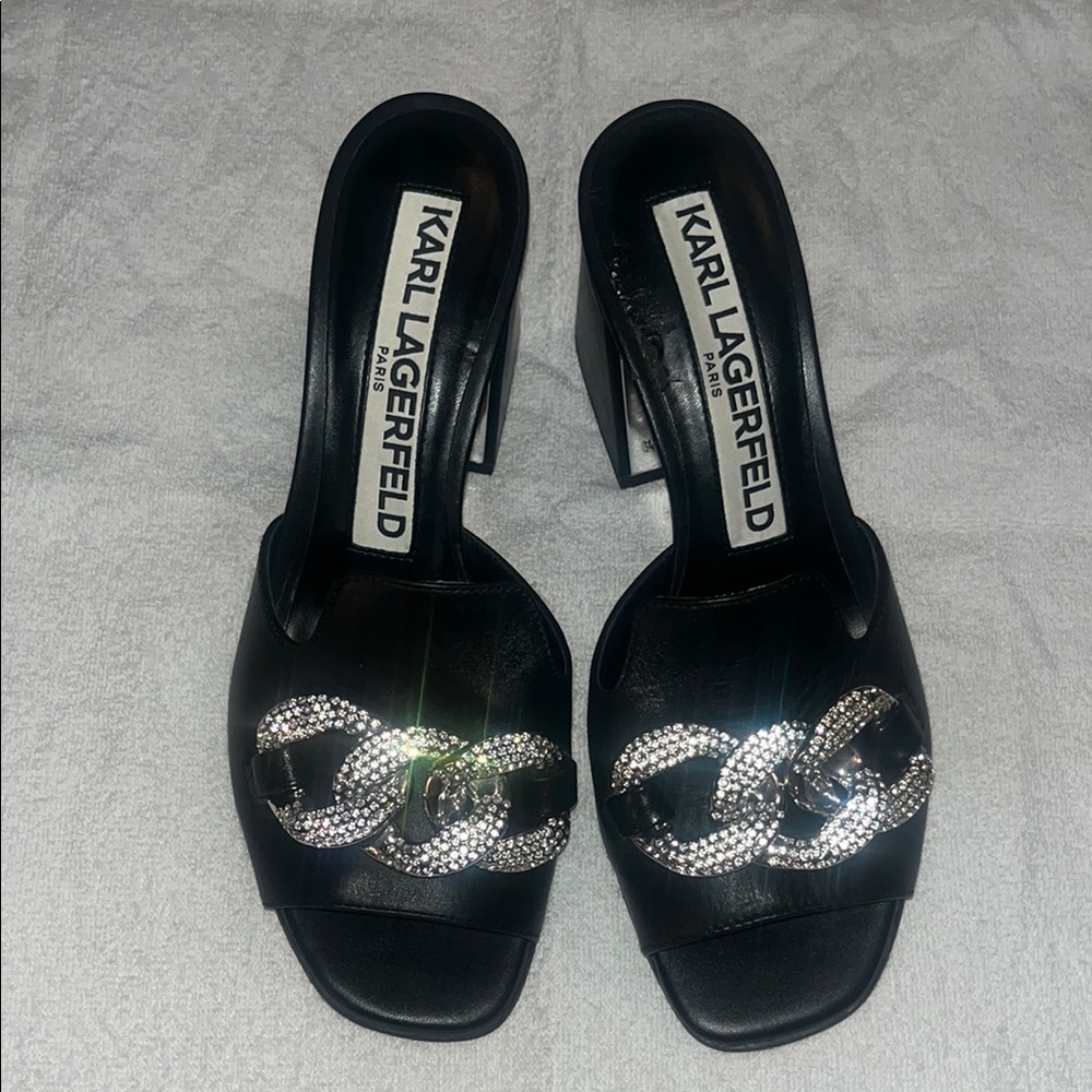 Karl Lagerfeld Black Leather Crystal-Embellished Mules